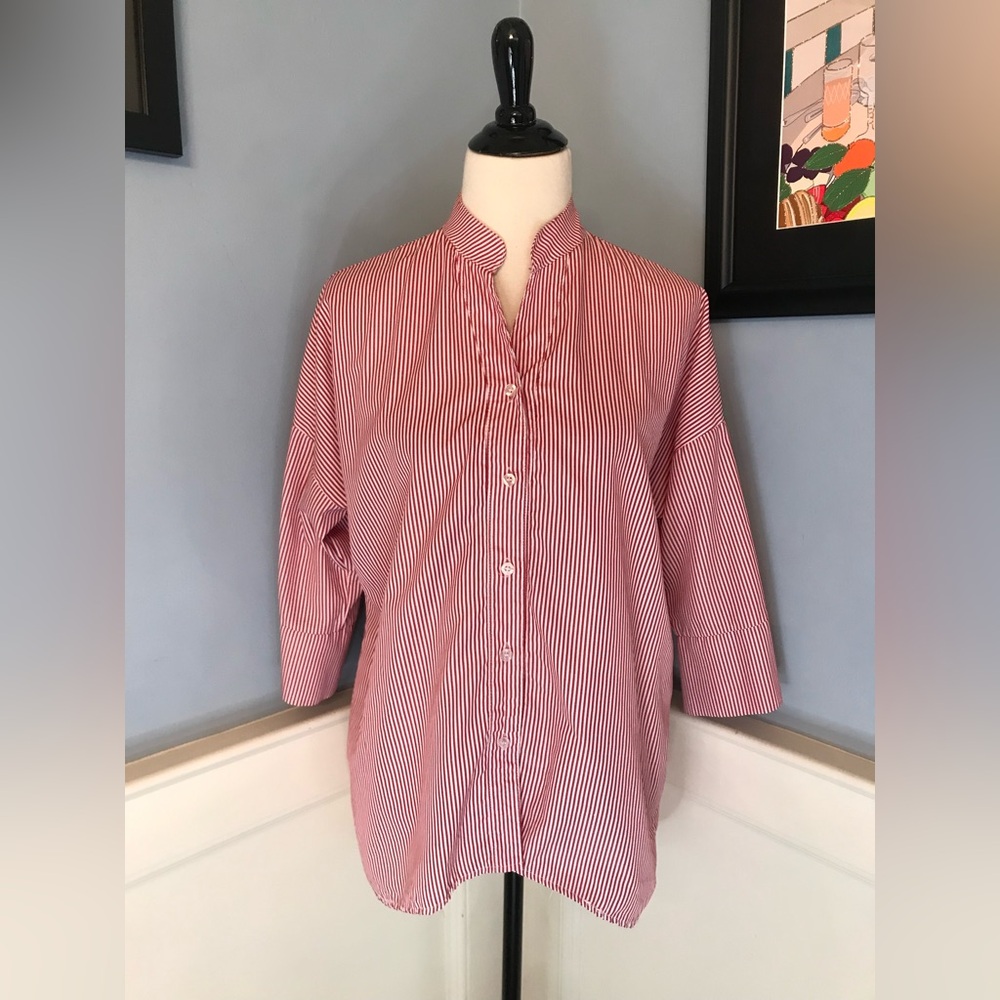 Red and White Stripe Women's 3/4 Sleeve Tunic Blouse